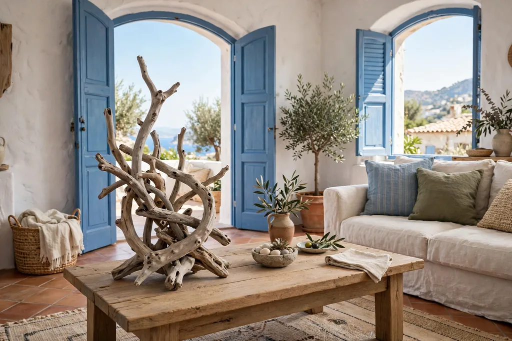 Driftwood sculpture at one end of a coffee table in a bright living room.
