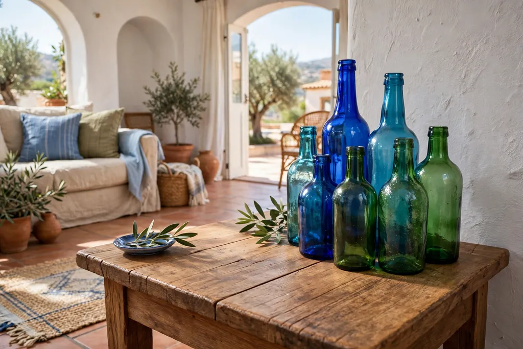 Cluster of blue and green glass bottles at one corner of a coffee table.