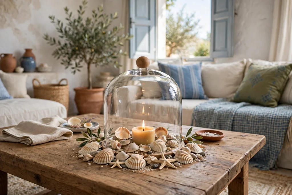 Glass cloche over a small candle and shell vignette on a coffee table.