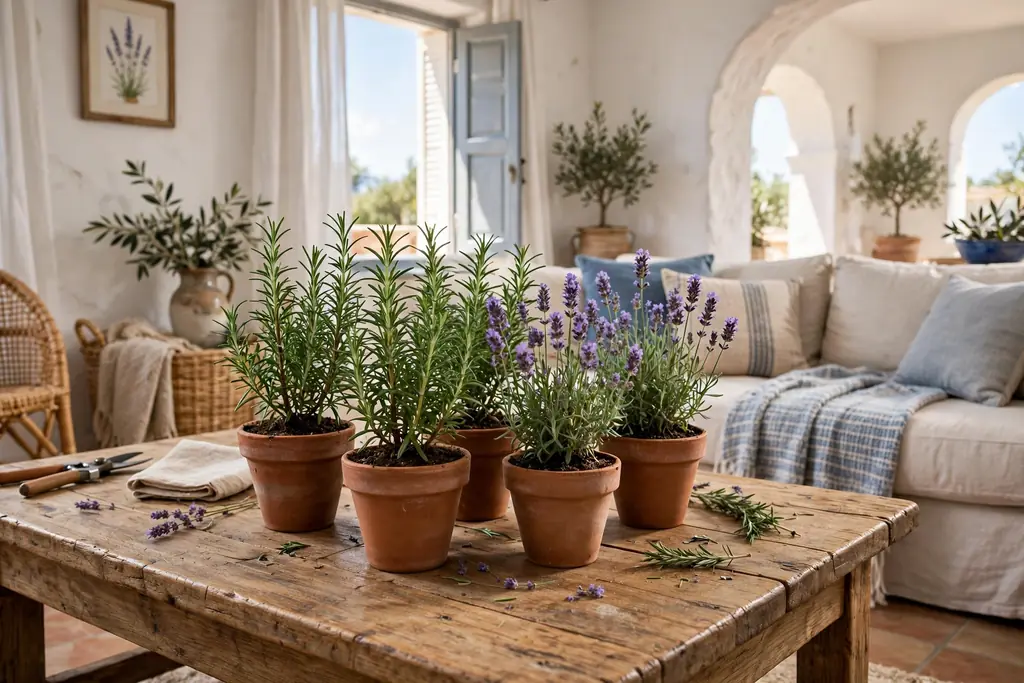 Small terracotta pots with rosemary and lavender on a coffee table.