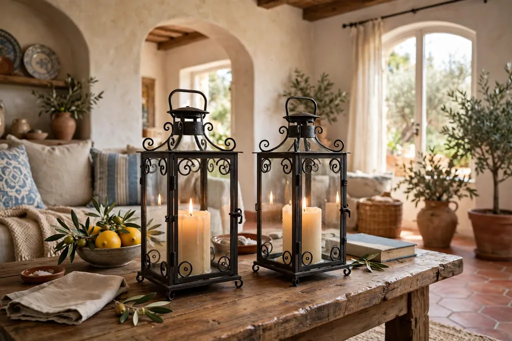 Pair of wrought iron lanterns with pillar candles on a coffee table.