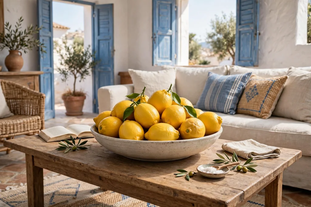 Shallow bowl filled with fresh lemons on a coffee table.