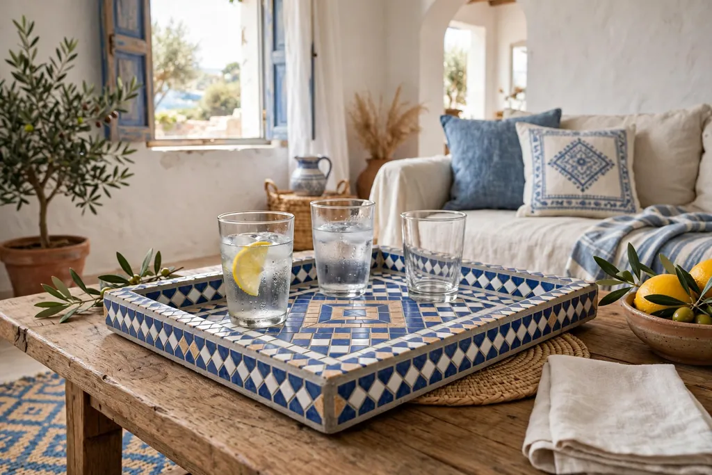 Mosaic tile tray in blue, white, and sand holding glasses on a coffee table.