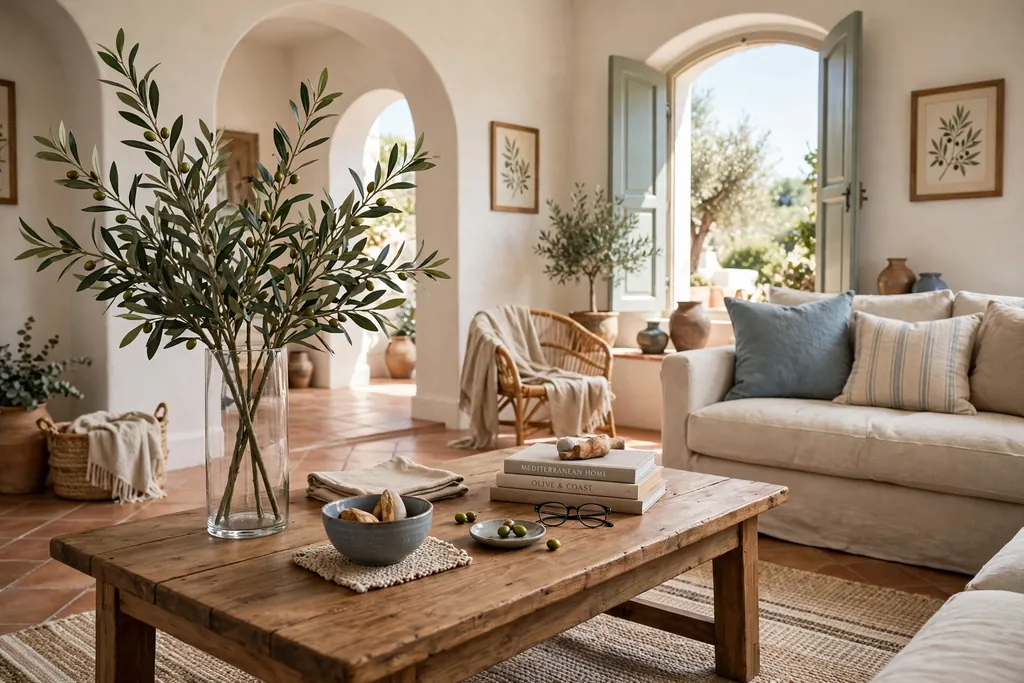Tall glass vase with olive branches at one end of a wood coffee table.