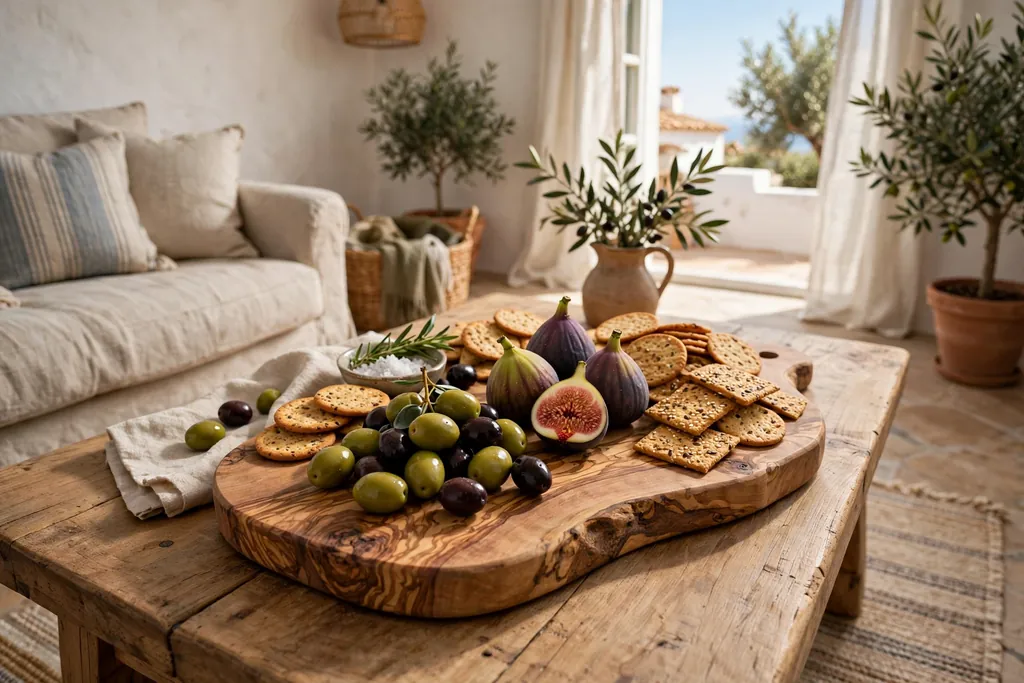 Olive wood board with olives, figs, and crackers on a coffee table.