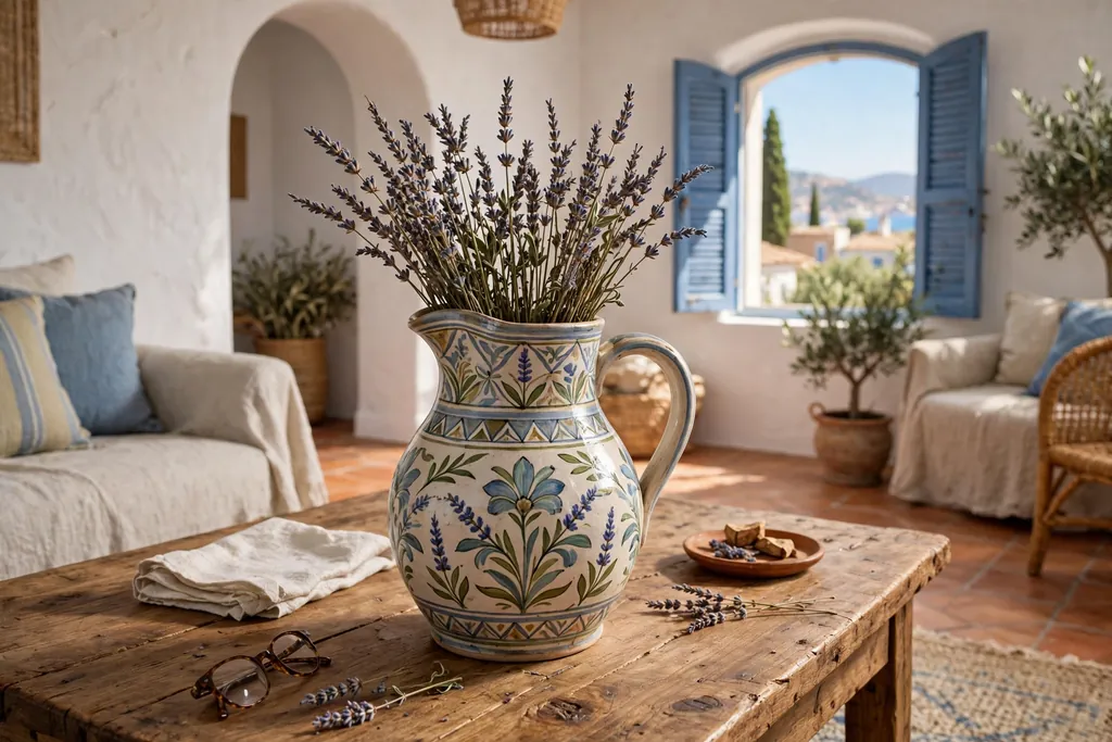 Hand painted ceramic pitcher with dried lavender stems on a coffee table.