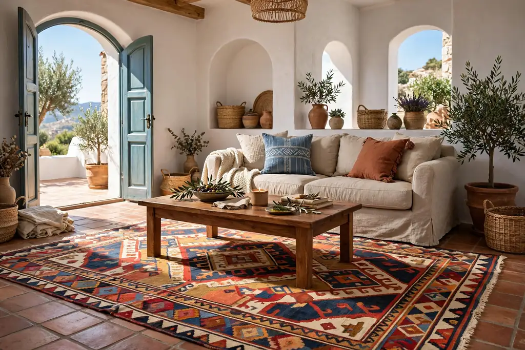Patterned kilim rug under a coffee table and sofa in a Mediterranean living room.