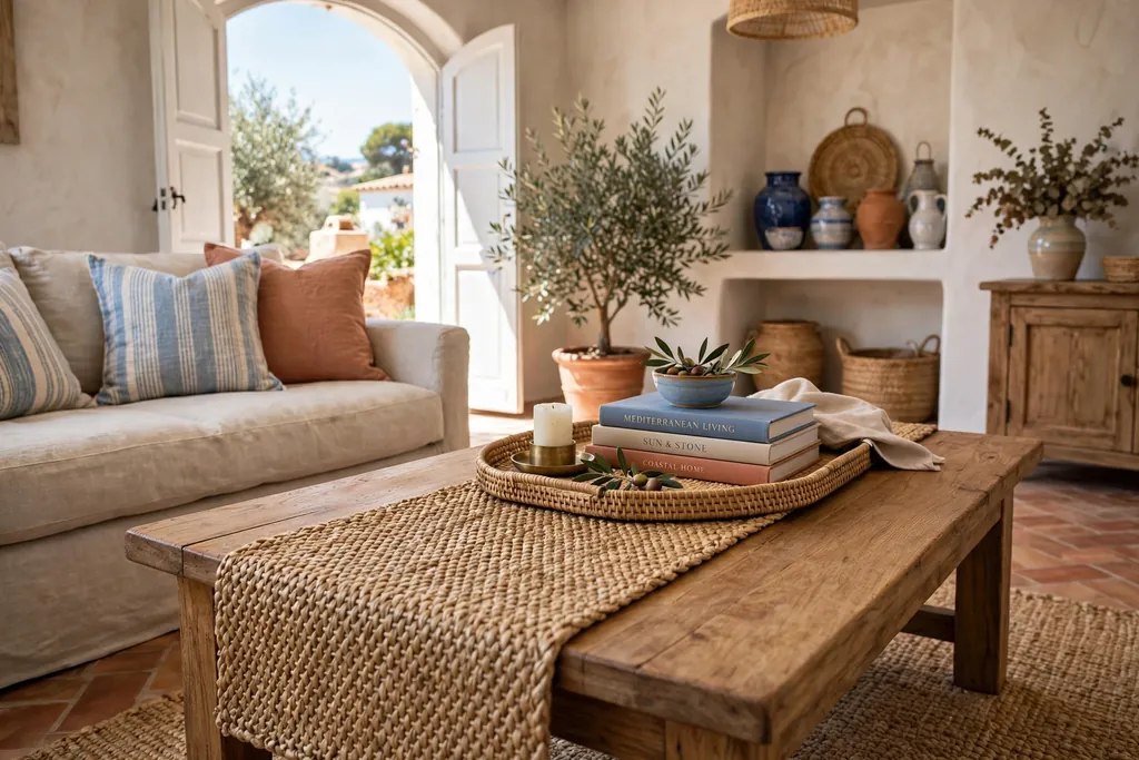 Woven seagrass runner lengthwise down the center of a wood coffee table.
