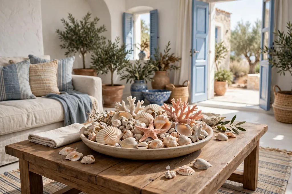 Low dish with shells and coral on a coffee table.