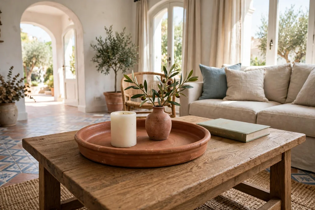 Wood coffee table with a large terracotta tray holding a candle, a small vase, and a book.