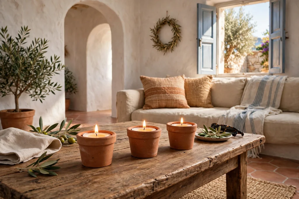 Three small terracotta votive holders with tea lights on a coffee table.