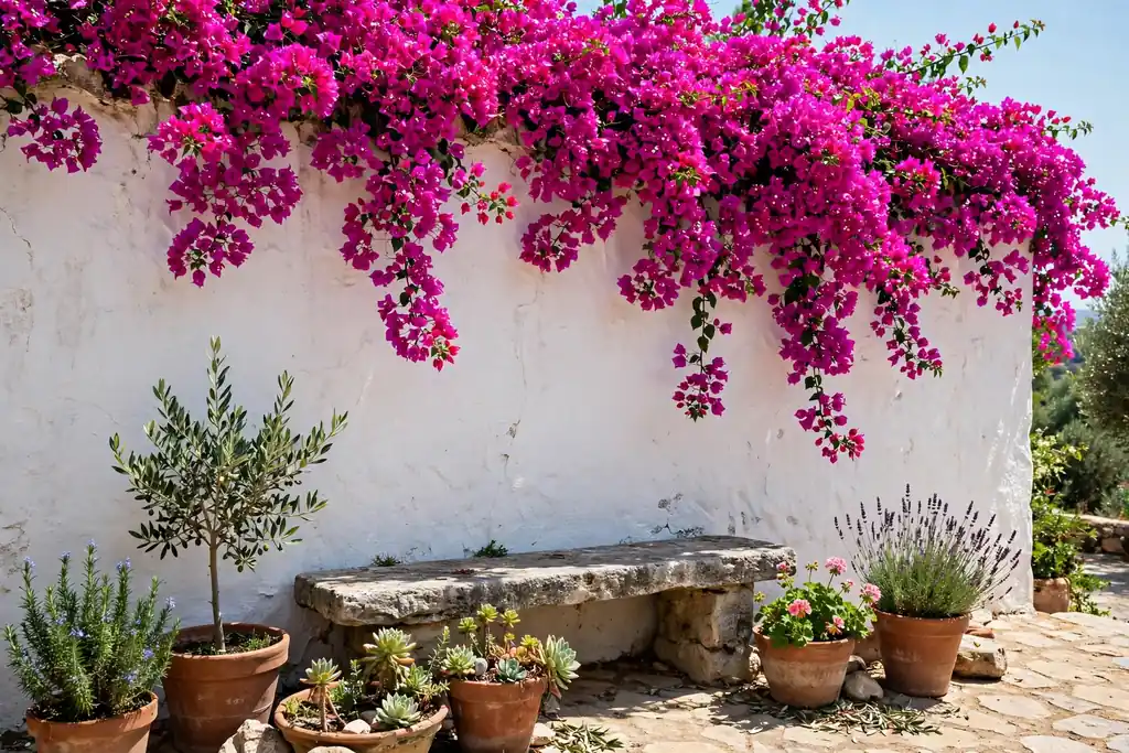 Whitewashed Mediterranean garden wall covered with magenta bougainvillea flowers above a stone bench and terracotta pots.