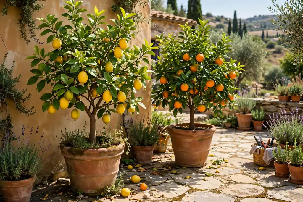 Lemon and orange trees with fruit in large terracotta pots on a sunny stone patio.