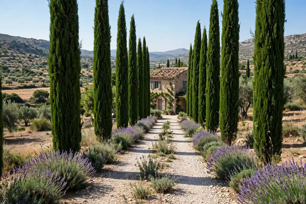 Gravel garden path lined with tall slender cypress trees leading toward a stone house, with lavender at the edges.