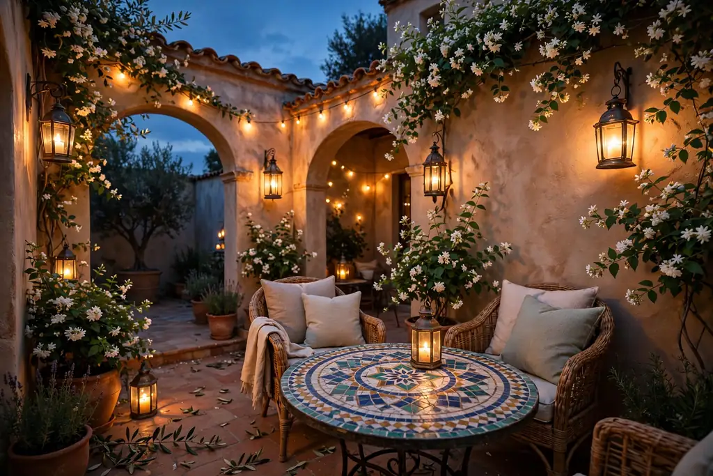 Mediterranean garden courtyard at dusk with glowing lanterns, a mosaic table, chairs, and jasmine plants.