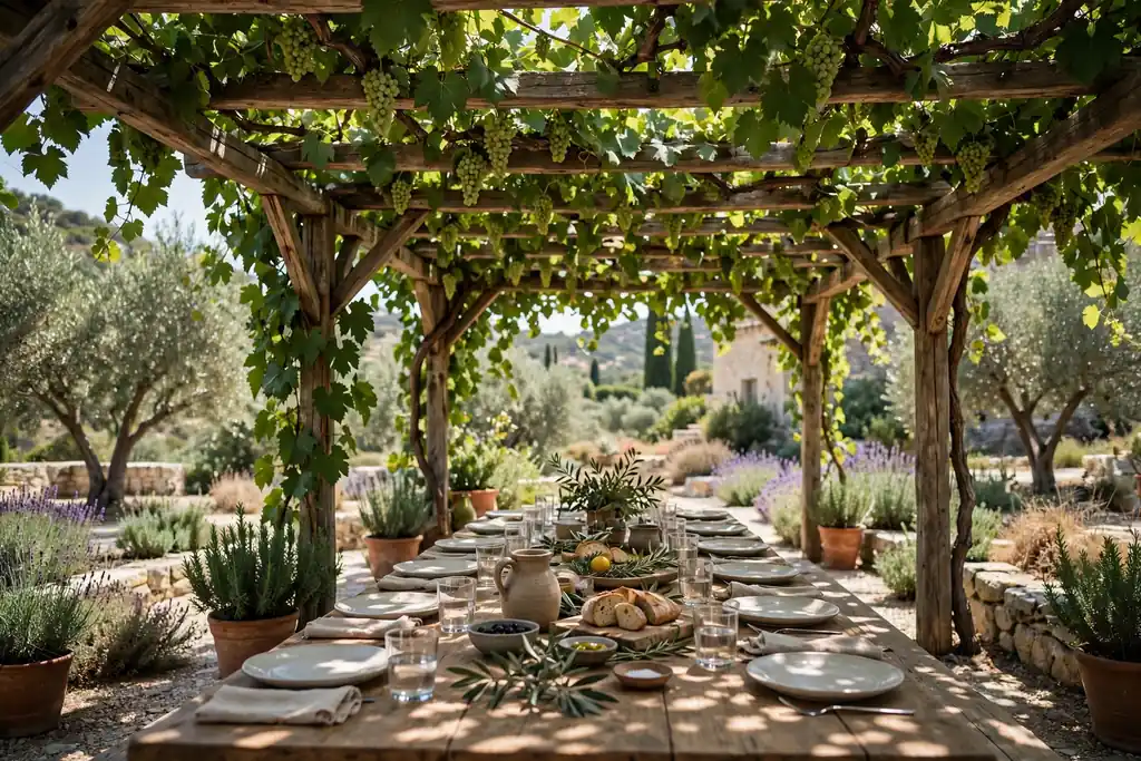 Wooden pergola covered with grapevine leaves shading a long outdoor dining table in a Mediterranean garden.