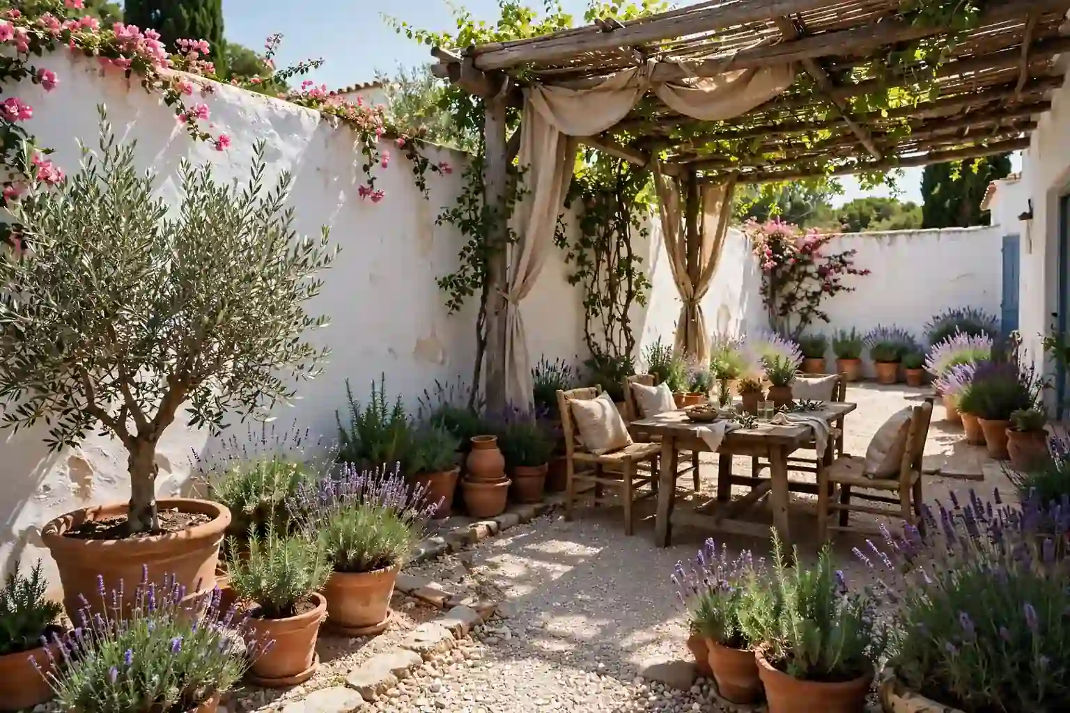Wide sunny Mediterranean garden courtyard with a potted olive tree, terracotta pots, lavender, and a shaded seating area.