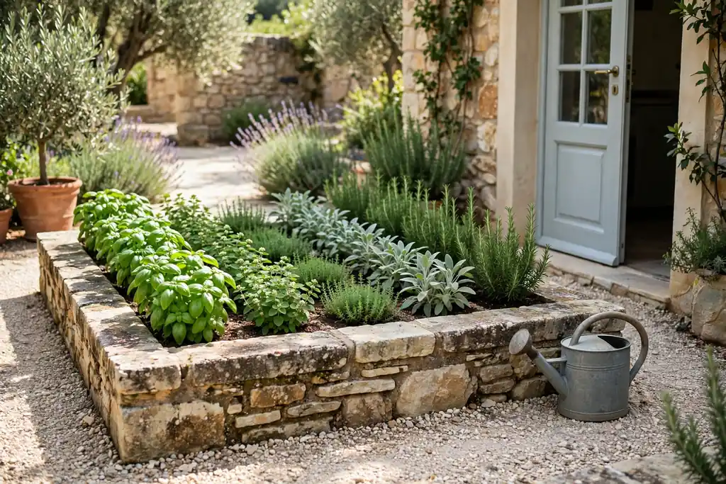 Raised stone herb bed beside a kitchen door planted with basil, oregano, thyme, sage, and rosemary.