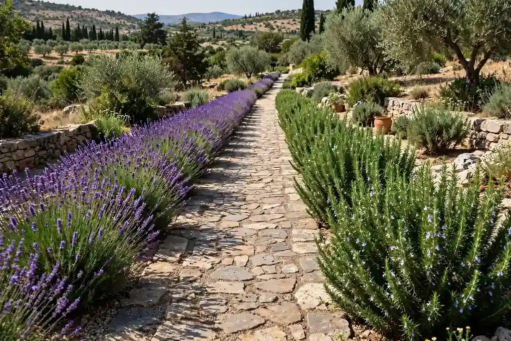 Stone garden path lined with rows of purple lavender and green rosemary in bright summer sun.