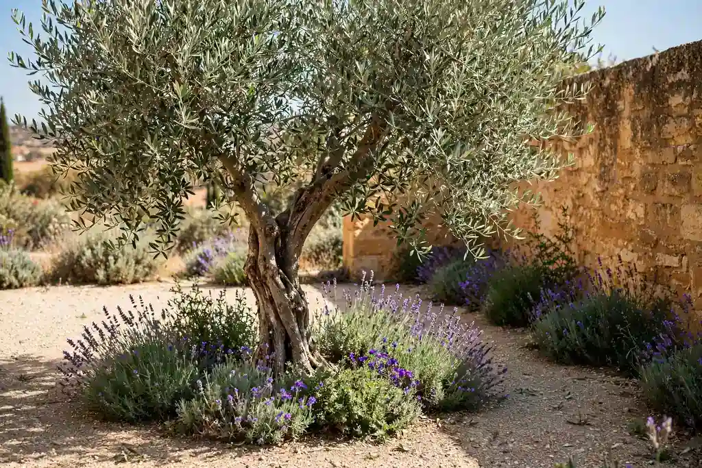 Olive tree with silvery green leaves in a sunny gravel courtyard beside a warm stone wall.