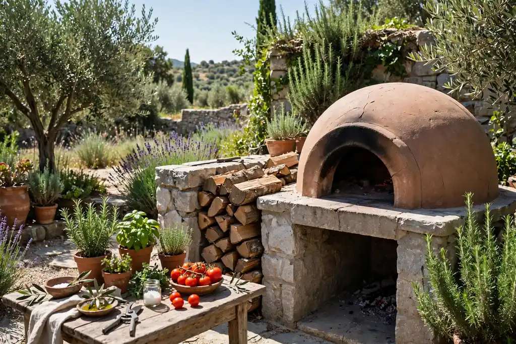Mediterranean outdoor cooking corner with a domed clay pizza oven, stone worktop, and stacked firewood.