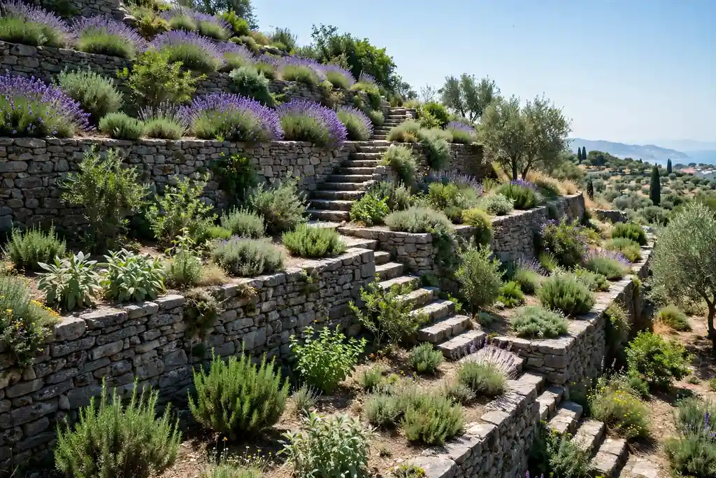 Dry stone terraces stepping down a sunny Mediterranean hillside garden planted with herbs and lavender.