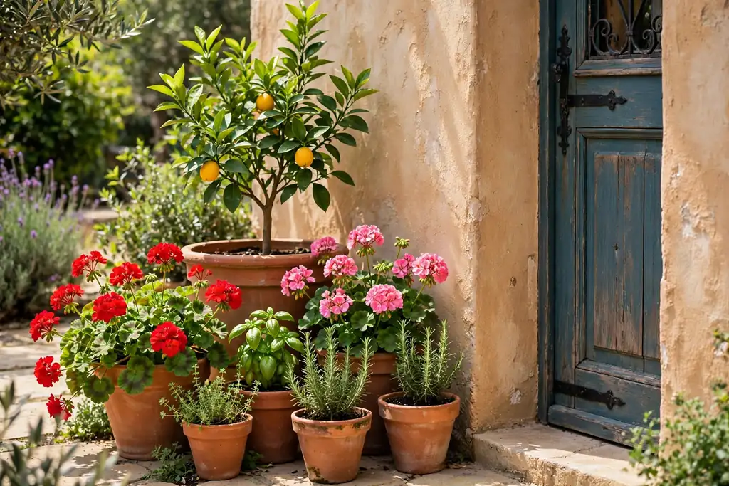 Cluster of terracotta pots with geraniums, herbs, and a small citrus plant beside a garden entrance.