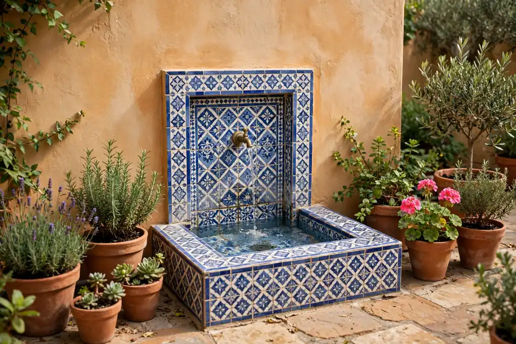Small courtyard fountain with blue and white mosaic tiles against a warm plaster wall, surrounded by potted plants.