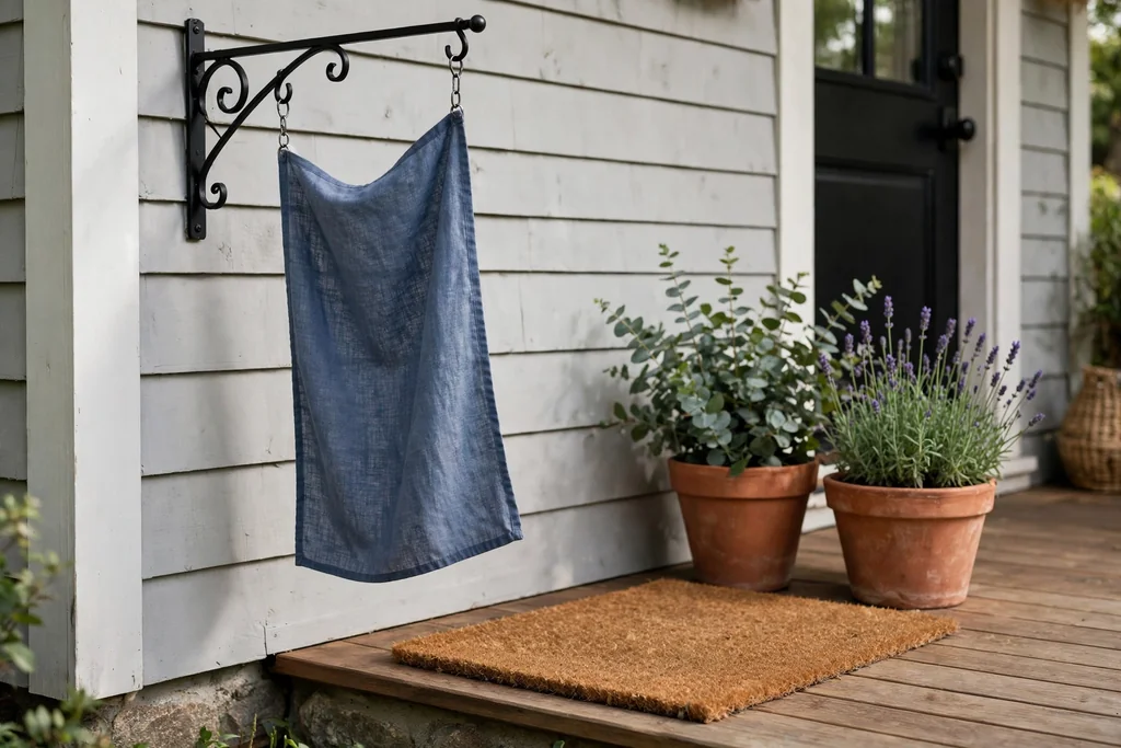 A flag hanging from a porch bracket beside a plain doormat and planters.