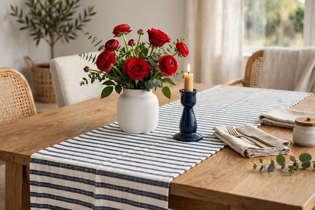A dining table with a striped runner, a white vase of red flowers, and a navy candle holder.