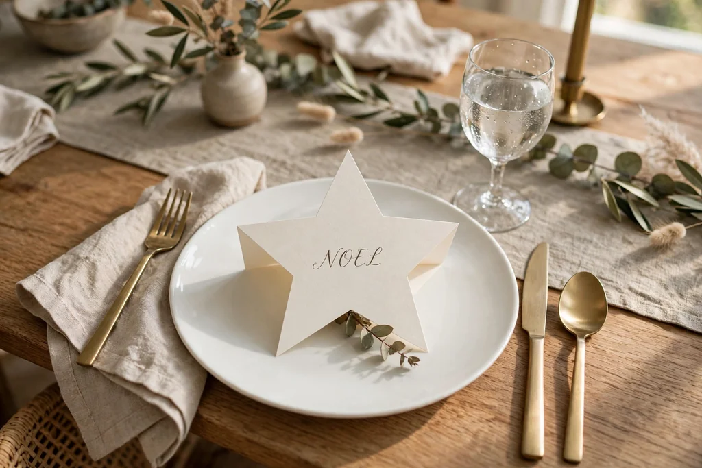 A dinner table place setting with a star shaped place card on a white plate.