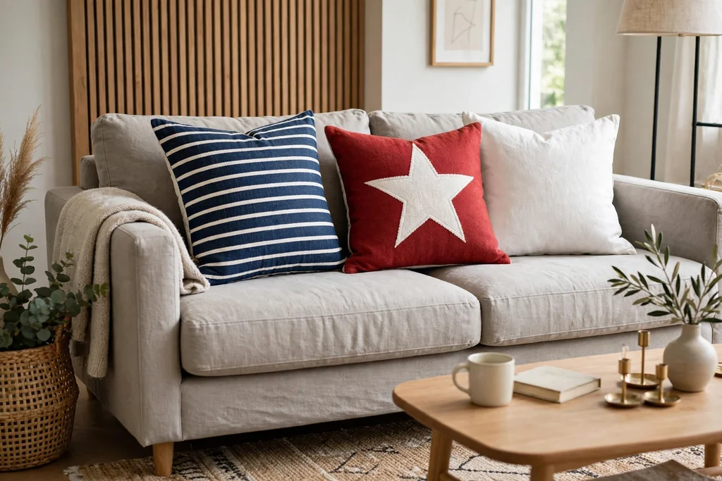 A sofa with navy striped, red star, and plain white throw pillows.