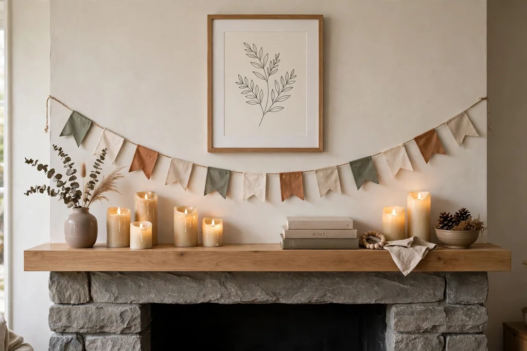 A mantel styled with small flags, battery candles, and a framed print above.