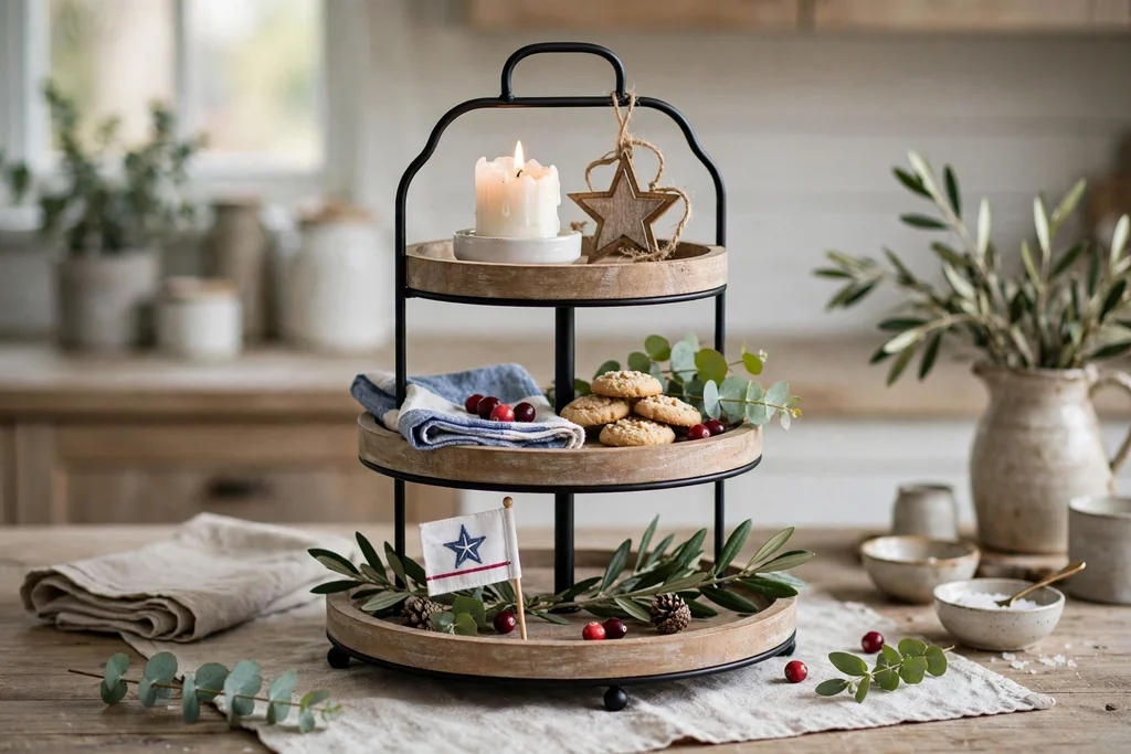 A tiered kitchen tray styled with a tiny flag, a star ornament, and a white candle holder.