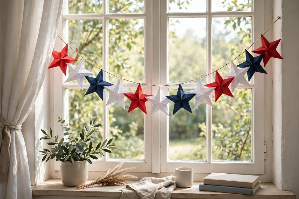 A garland of red, white, and navy paper stars strung across a bright window.