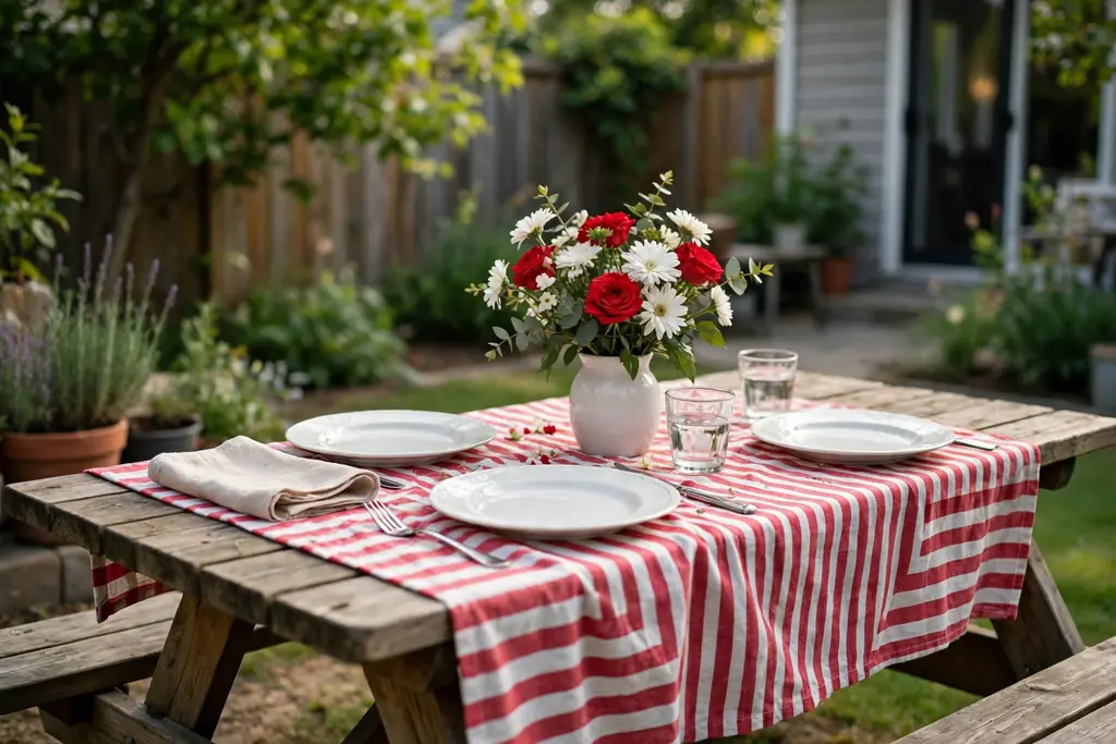 A backyard picnic table with a red and white striped cloth, white plates, and a vase of red and white flowers.