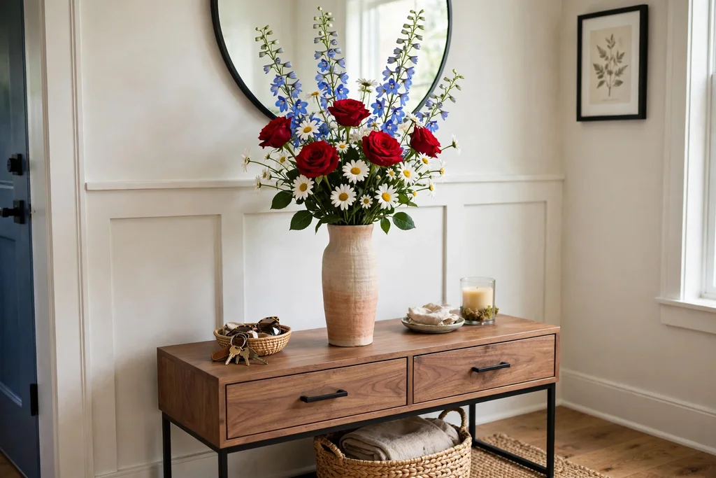 A tall vase with red roses, white daisies, and blue delphinium on an entry console table.