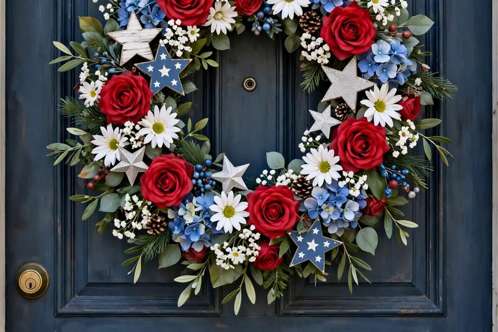 A wreath of red, white, and blue flowers and stars hanging on a front door at eye level.