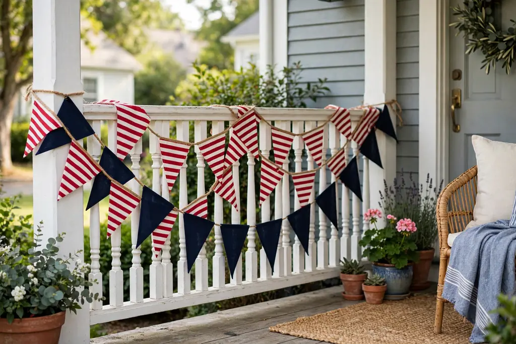 Red and white striped bunting with navy pennants draped along a porch rail.