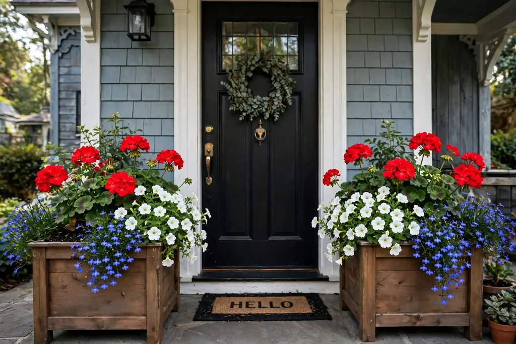 Porch planters with red geraniums, white petunias, and blue lobelia flanking a front door.