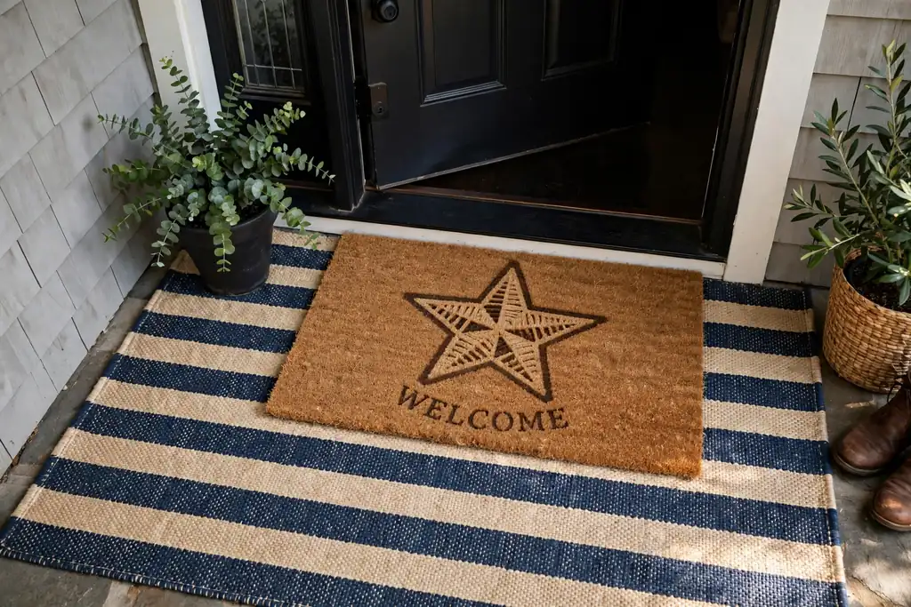 A striped outdoor rug layered under a coir doormat with a star design at a front door.