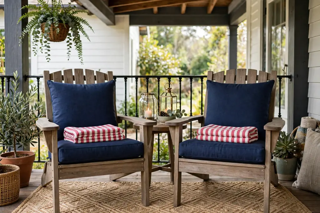 Porch chairs with navy cushions and folded red and white striped throws.