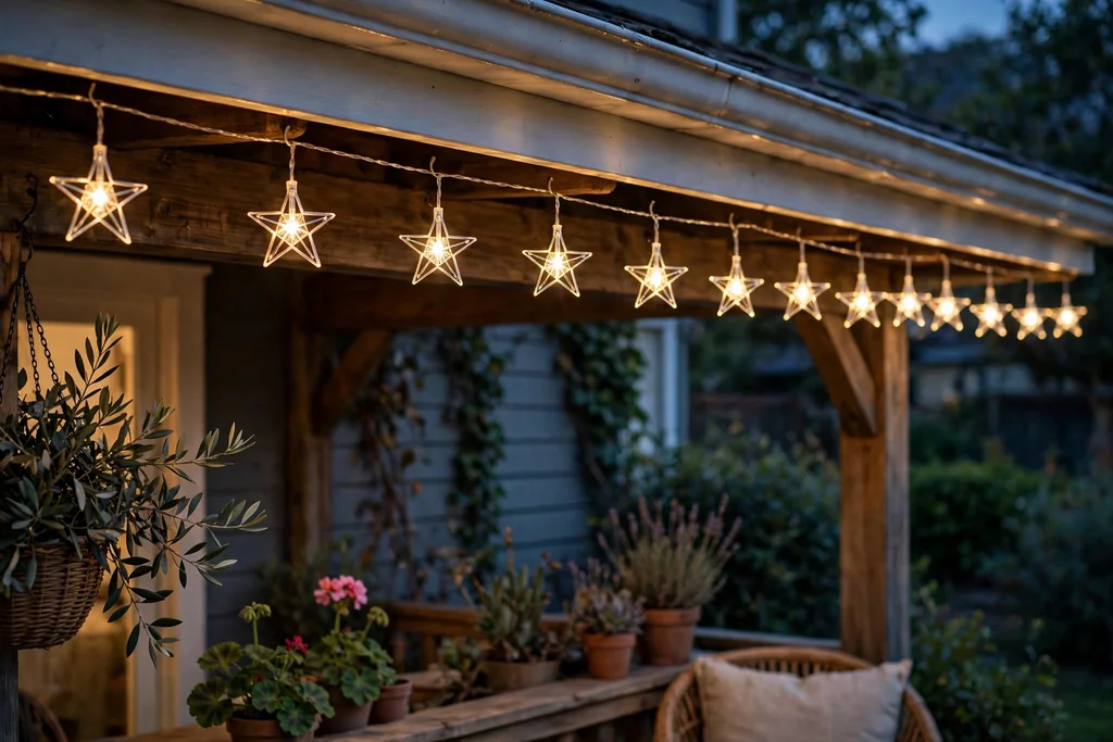 Star shaped string lights hanging along a porch roof edge in the evening.