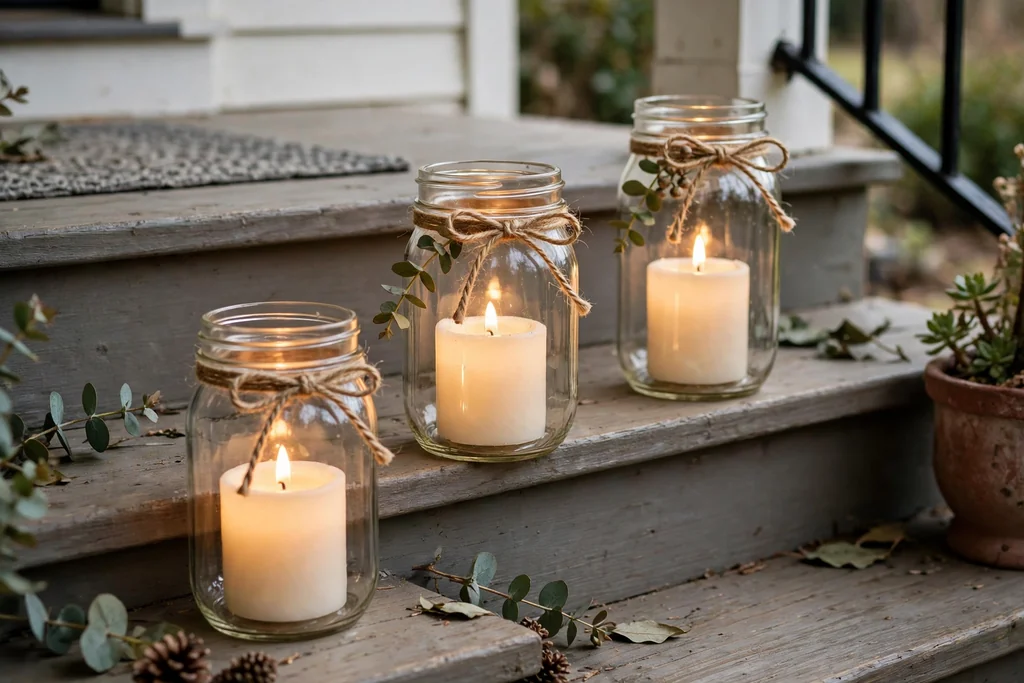 Mason jars with battery candles and twine tied around the necks on porch steps.