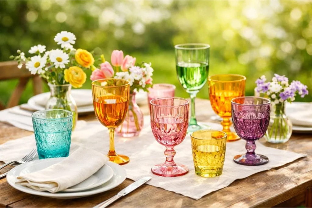Colorful glass goblets in blue, orange, pink, green, and purple on a set table with flowers.
