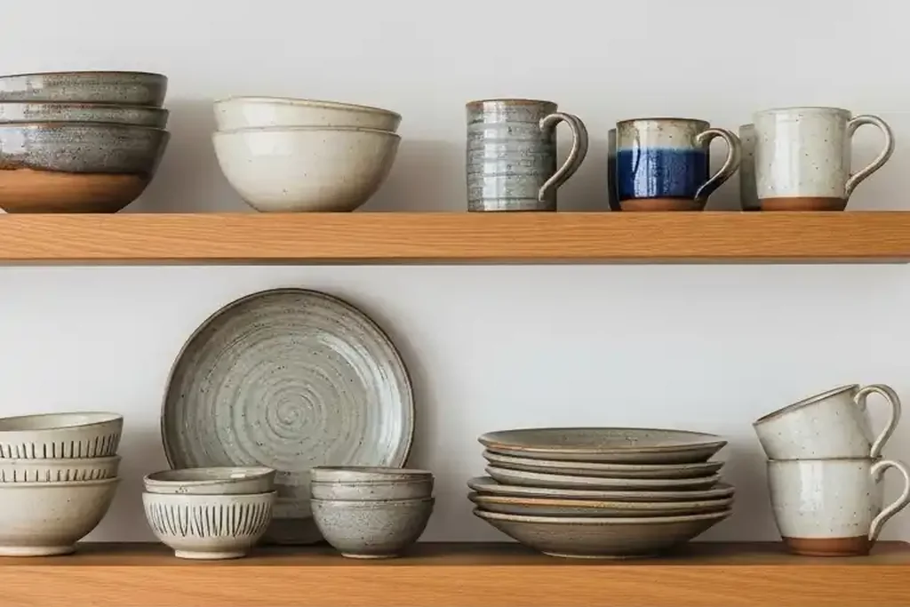 Wood shelves holding handmade ceramic bowls, plates, and mugs in earthy tones.