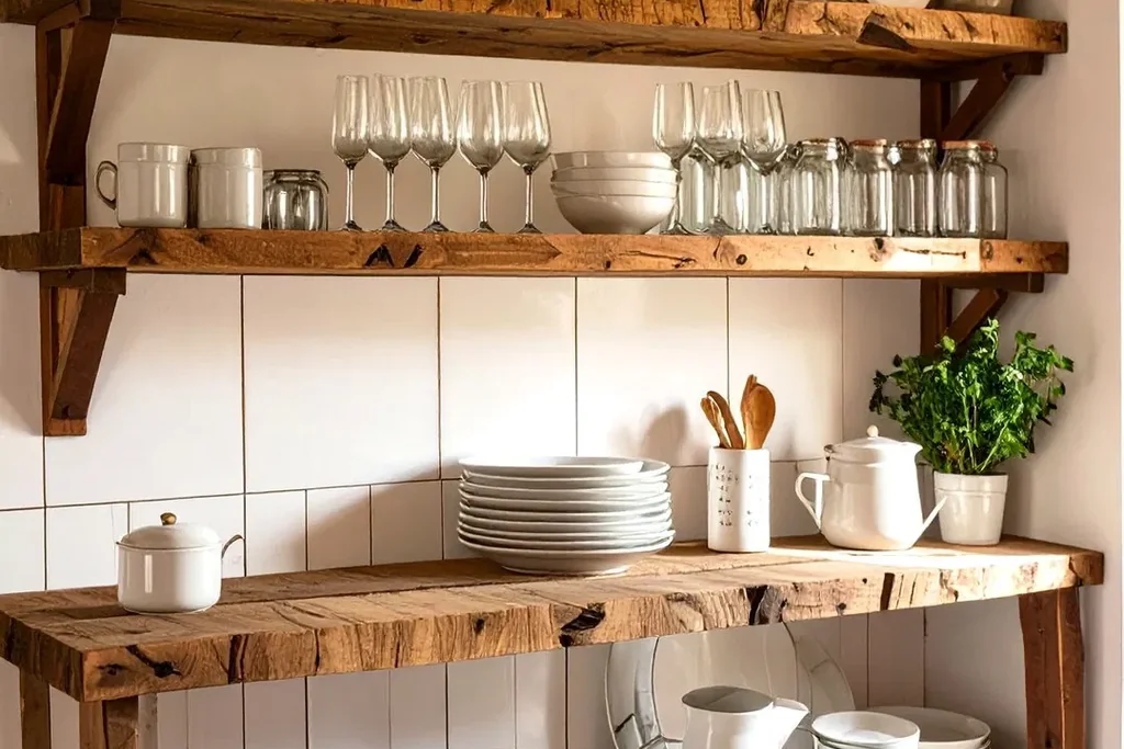Rustic wood shelving unit filled with stacked plates, glasses, and white dishware.