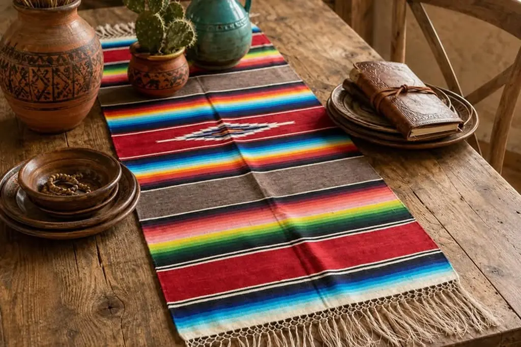 Striped woven serape runner in red, turquoise, and orange across a rustic wood table with pottery and a small cactus.