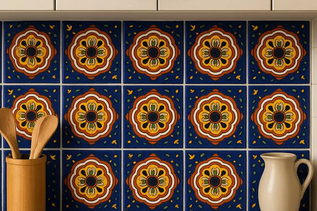 Blue Talavera tiles with orange and yellow floral designs above a stove, with a utensil crock and pitcher on the counter.
