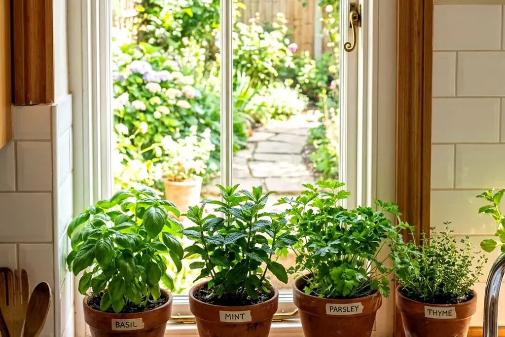 Terracotta pots of basil